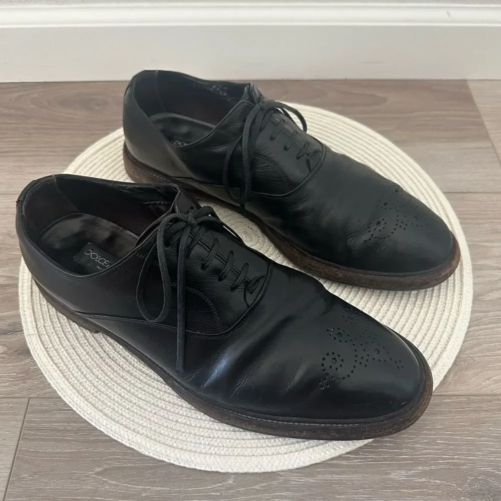 DOLCE & GABBANA Mens Lace Up Black Leather Loafer Dress Shoes Size 10 Old‎ Money
